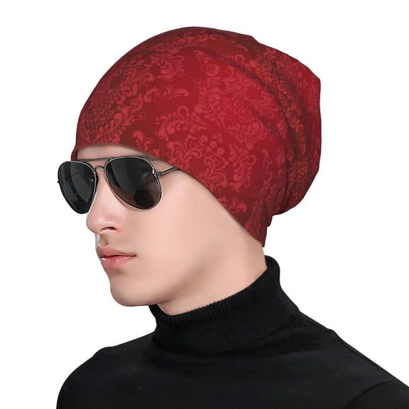 Xecao Vintage Burgundy Print Beanie Knitted Hat for Men Women, Winter Fashion Knit Cuffed Caps Unisex