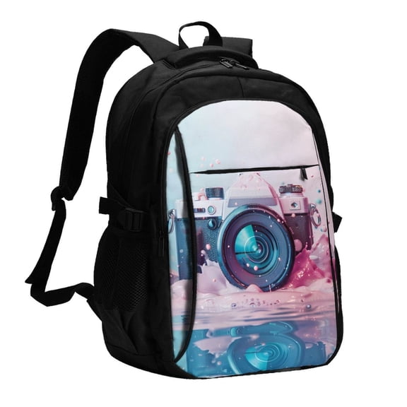 Xecao Vintage Camera Splash Art for Travel Laptop Backpack, USB-Charging-Enabled, Spacious Business Backpack for Men and Women,College School Computer Bag