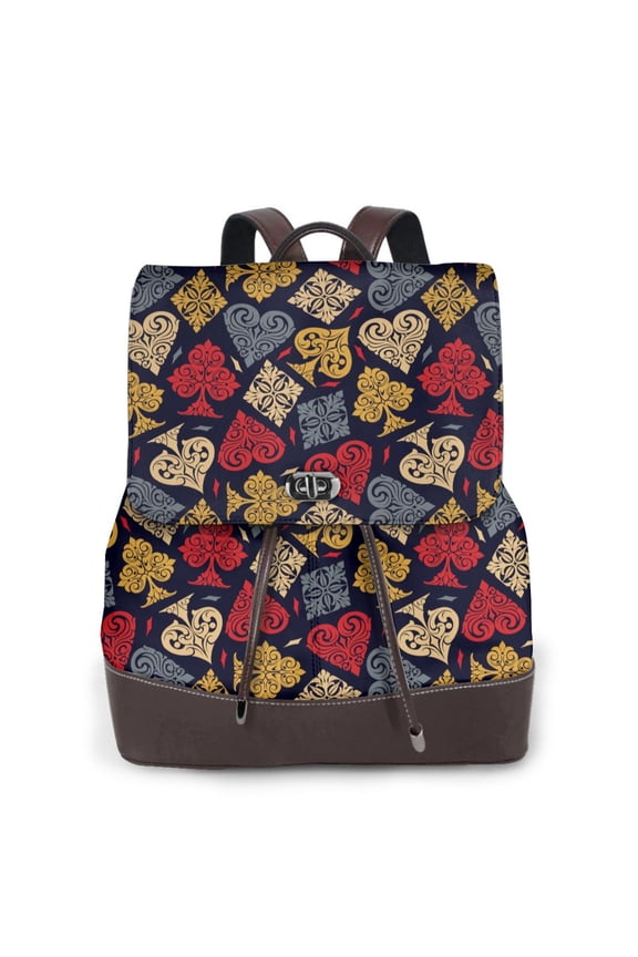 Vintage Card Print Large Backpack Soft Leather for Women Travel with Compartment, Adjustable Convertible Strap