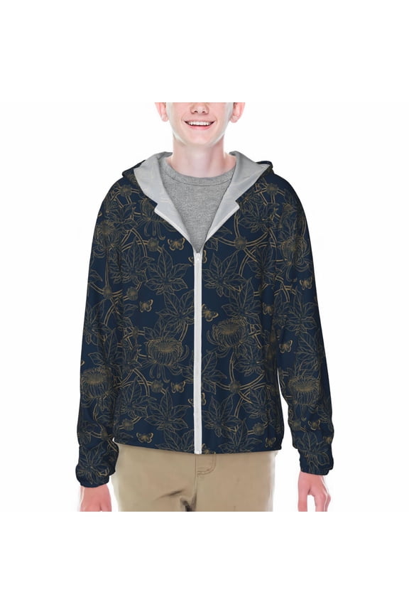 Vintage Chrysanthemum Print Fishing Shirts for teenager Long Sleeve UV Sun Protection Hoodie with Zipper Outdoor Hiking Shirts-XX-Large