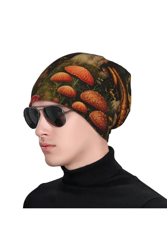Vintage Cloud Mushroom Print Beanie Knitted Hat for Men Women, Winter Fashion Knit Cuffed Caps Unisex