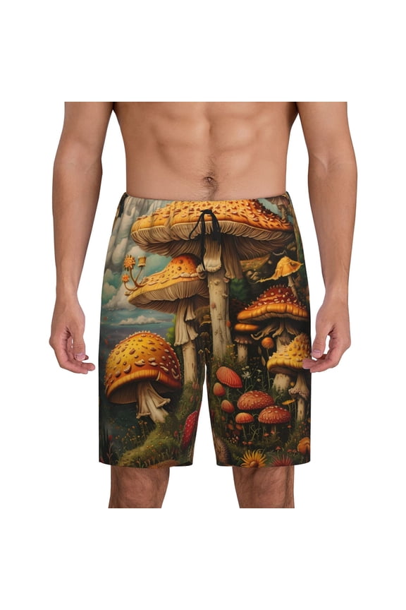 Xecao Vintage Cloud Mushroom Print Men's Sleepwear Shorts Pajama Bottom Lounge Short nightwear with Convenient Pockets for Relaxed Home Wear-Large