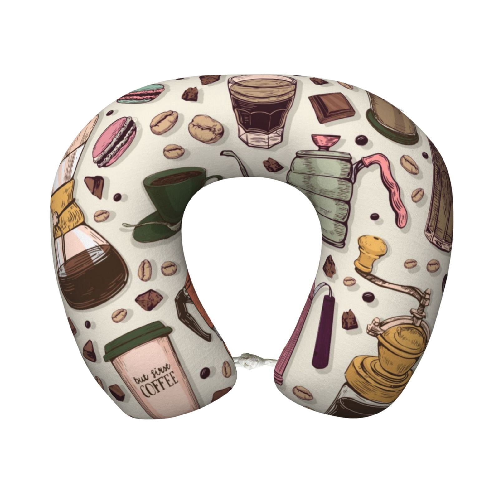 Xecao Vintage Coffee Print Memory Foam Cervical Neck Pillow Versatile U-Shaped Pillows for Home,Office,Camping,Travelling,Soft Washable Cover
