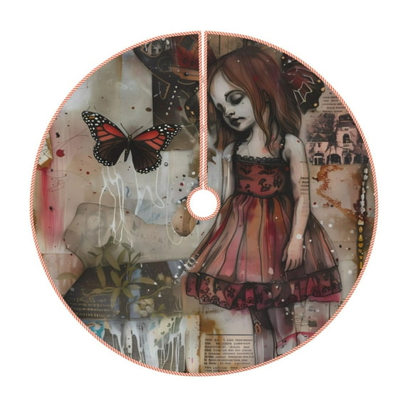 Xecao Vintage Collage Girl Butterfly Pattern Christmas Tree Skirt Round Xmas Tree Mat Base Cover for Holiday Home Decorations-48"