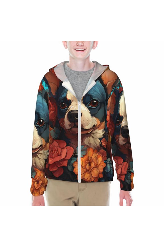 Vintage Colorful Flower French Bulldog Print Fishing Shirts for teenager Long Sleeve UV Sun Protection Hoodie with Zipper Outdoor Hiking Shirts-X-Large