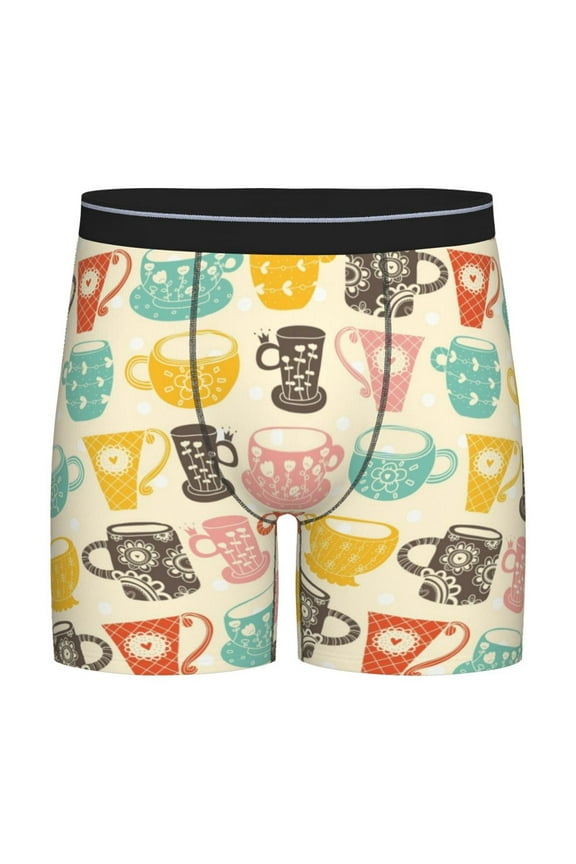 Vintage Cup Print Boxer Briefs for Men's Stretch Moisture-Wicking Underwear, Mid-Rise Classics breathable fabric