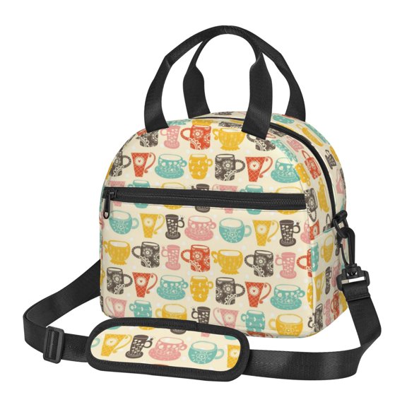 Xecao Vintage Cup Print Insulated Lunch Box, Lunch Cags Lunch Bag Featuring An Adjustable Shoulder Strap