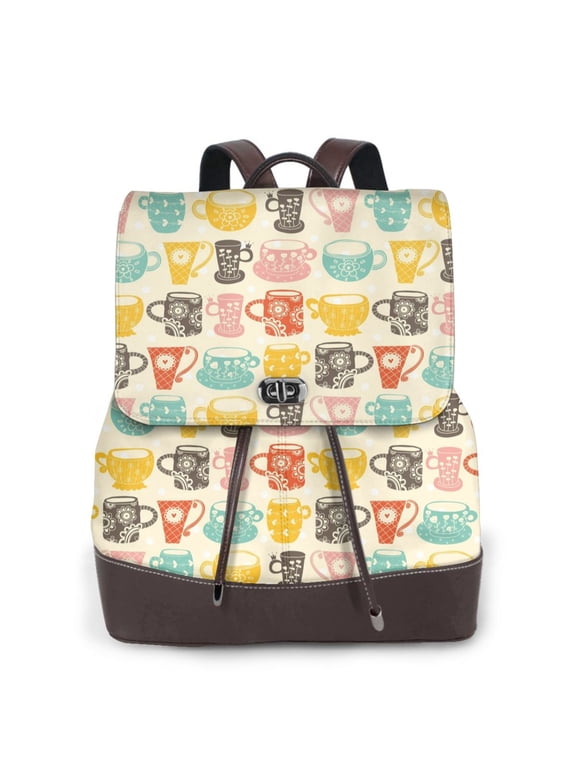 Vintage Cup Print Large Backpack Soft Leather for Women Travel with Compartment, Adjustable Convertible Strap