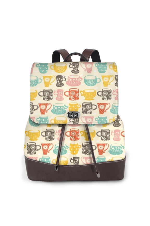Vintage Cup Print Large Backpack Soft Leather for Women Travel with Compartment, Adjustable Convertible Strap