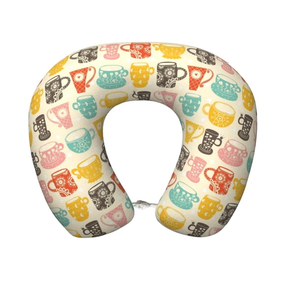 Xecao Vintage Cup Print Memory Foam Cervical Neck Pillow Versatile U-Shaped Pillows for Home,Office,Camping,Travelling,Soft Washable Cover