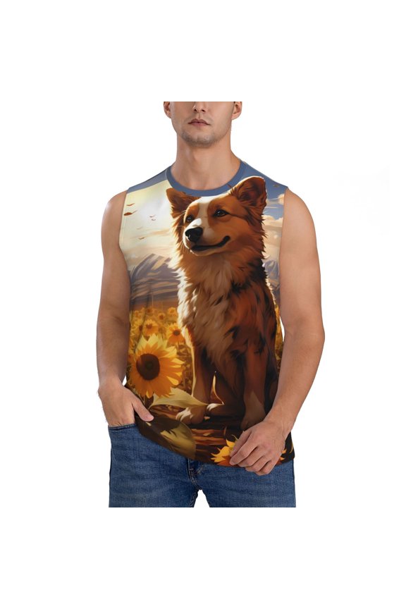 Vintage Cute Corgi Sunflower Print Men's Tank Top: Sleek Sleeveless Tee for Casual Sports and Beach Occasions-Medium