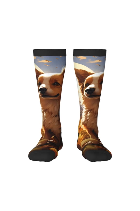 Vintage Cute Corgi Sunflower print thigh-high socks, crafted for both men and women with a stretchy, high-opaque design perfect for daily wear