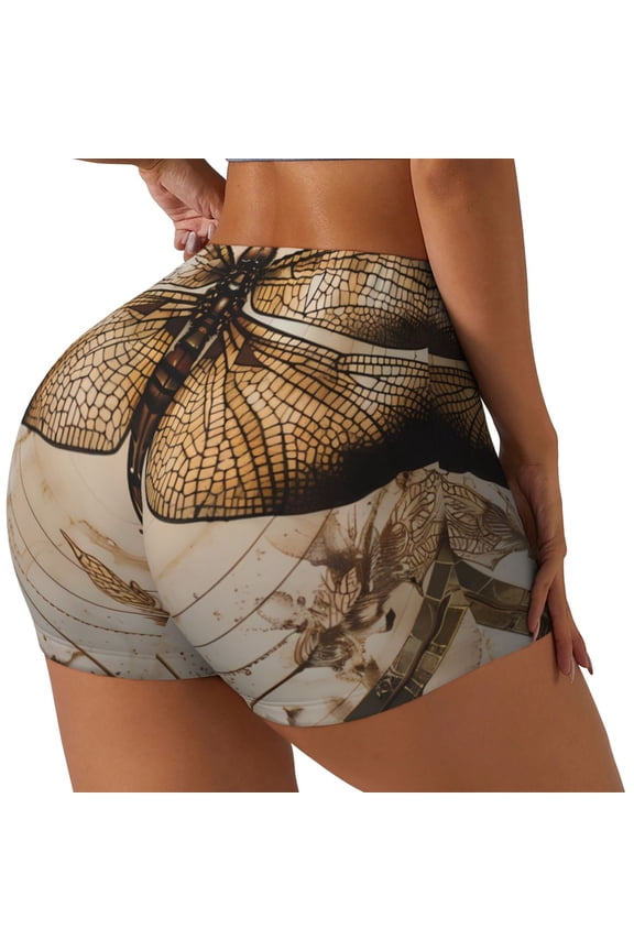 Vintage Dragonfly Artwork Print Workout Shorts for Women Soft Smooth Gym Yoga Scrunch Active Tennis Workout Running Shorts-