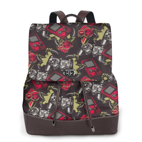 Xecao Vintage Gaming Print Large Backpack Soft Leather for Women Travel with Compartment, Adjustable Convertible Strap