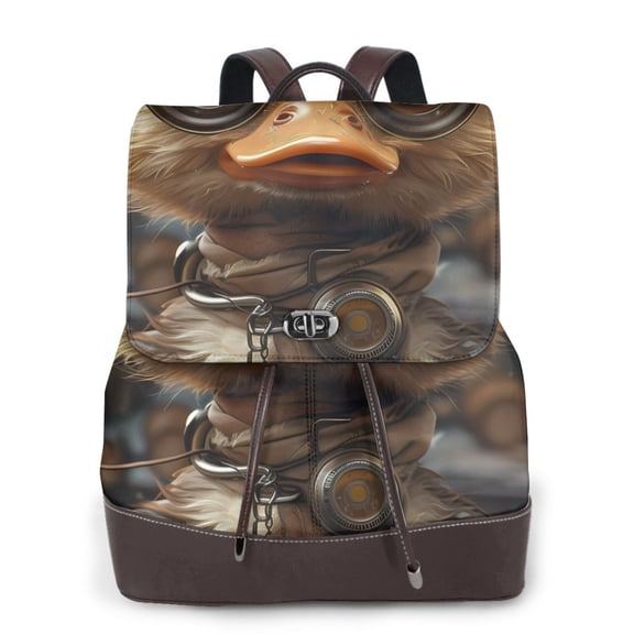 Xecao Vintage Gentleman Duck Print Large Backpack Soft Leather for Women Travel with Compartment, Adjustable Convertible Strap