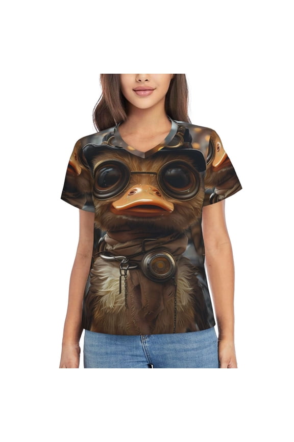 Vintage Gentleman Duck for Women's V-Neck T-Shirts-Elegant Half-Sleeve Tops Perfect for Summer-Medium