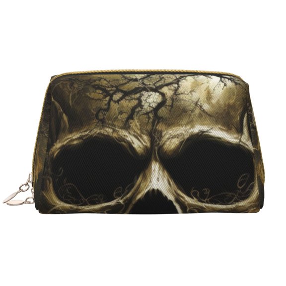Xecao Vintage Gold Leaf Skull Print Fashion Makeup PVC Bag Large Capacity Travel Cosmetic Bag for Women Organizer Toiletry Clutch