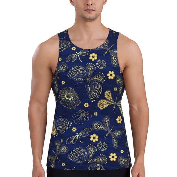 Xecao Vintage Golden Butterfly Men's Tank Top Workout Quick Dry Sleeveless Gym Jogging Muscle Shirts Summer Swim Beach Tops
