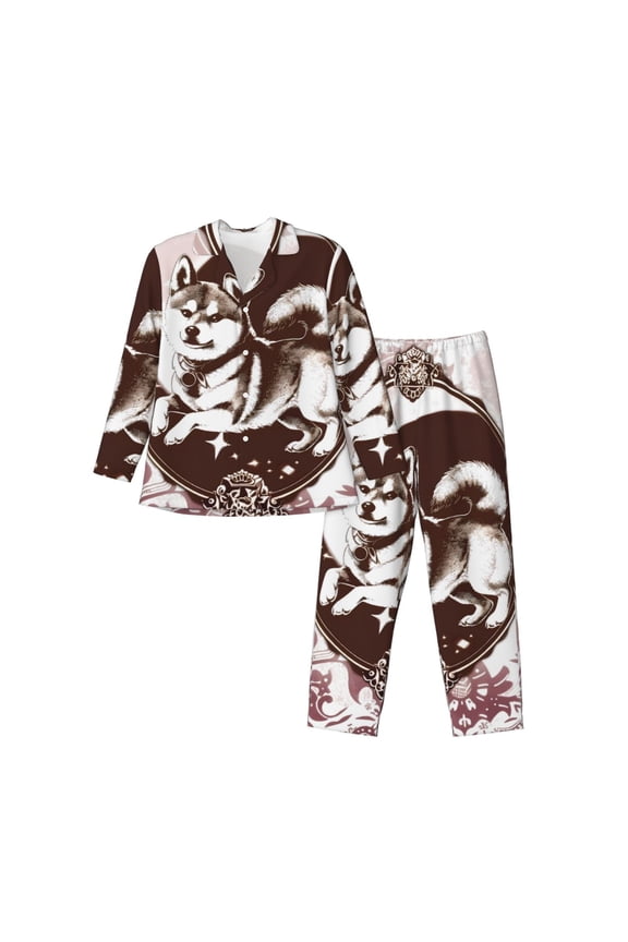 Vintage Husky Dog Print Pajamas Set Mens Pajamas Long Sleeve Loungewear Two-Piece Sleepwear Button-Down Pjs Set,2PJS-XX-Large