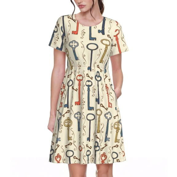Xecao Vintage Keys1 for Women Summer Short Sleeve Midi Dress with Pockets Casual Aline Flowy Tshirt Dress Vocation Beach Sundress