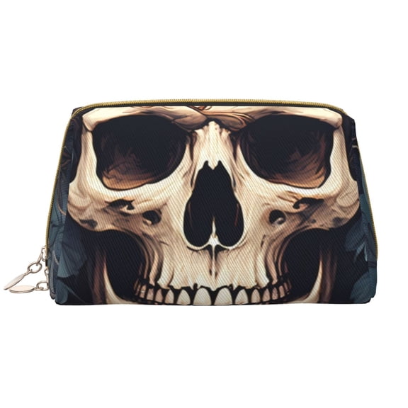Xecao Vintage Leaf Flower Skull Print Fashion Makeup PVC Bag Large Capacity Travel Cosmetic Bag for Women Organizer Toiletry Clutch