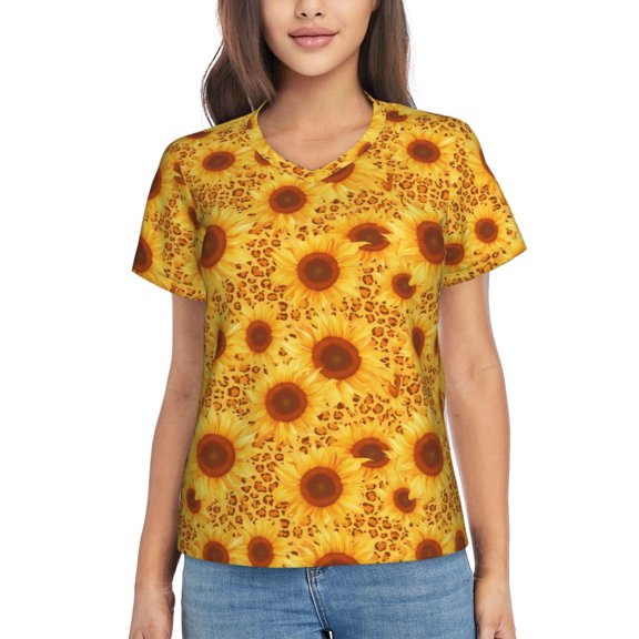 Xecao Vintage Leopard Print Sunflower for Women's V-Neck T-Shirts-Elegant Half-Sleeve Tops Perfect for Summer-Small