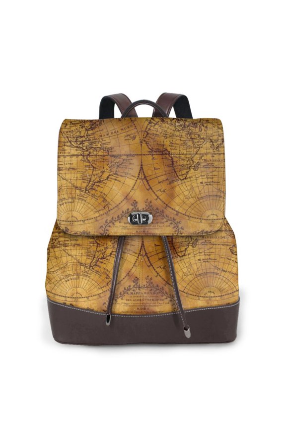 Vintage Map Print Large Backpack Soft Leather for Women Travel with Compartment, Adjustable Convertible Strap