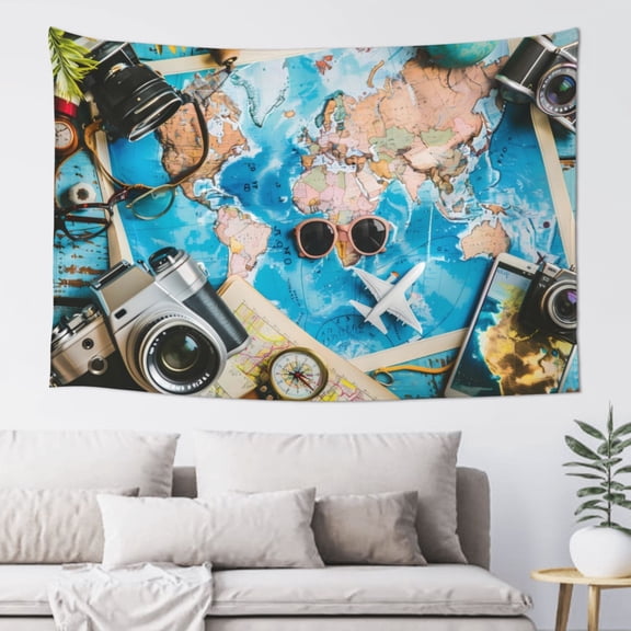 Xecao Vintage Map Travel Essentials Print Tapestry, Wall Hanging Room Funny Decor, Backdrop Room Decor for Bedroom Living Room dormitory