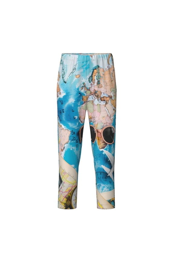 Vintage Map Travel Essentials Print Teenagers' Pajama Pants Long Sleep Pants Soft Elastic Waist Pajama Bottoms Elastic waist with 2 Pockets 5-16 Years-Small