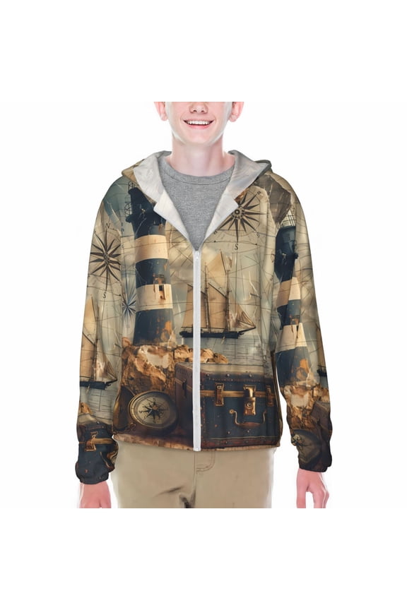 Vintage Nautical Lighthouse Print Fishing Shirts for teenager Long Sleeve UV Sun Protection Hoodie with Zipper Outdoor Hiking Shirts-Large