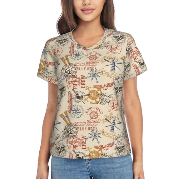 Xecao Vintage Nautical for Women's V-Neck T-Shirts-Elegant Half-Sleeve Tops Perfect for Summer-X-Large