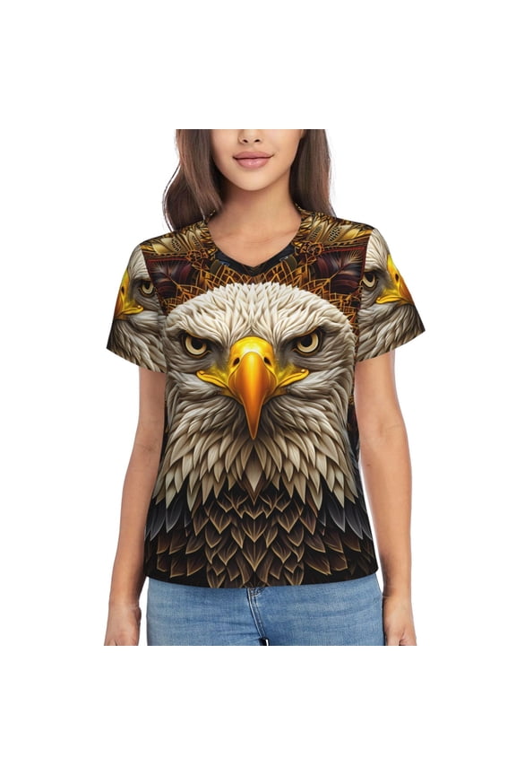Vintage Pattern Bald Eagle for Women's V-Neck T-Shirts-Elegant Half-Sleeve Tops Perfect for Summer-3X-Large