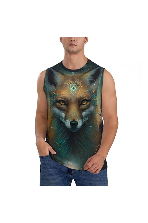 Vintage Pattern Fox Print Men's Tank Top: Sleek Sleeveless Tee for Casual Sports and Beach Occasions-Small