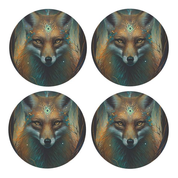 Xecao Vintage Pattern Fox for MDF Cork Coaster 4 Pcs,Drink Coasters,Suit for House Warming Gifts New Home ,Coffee Table Decor-Round Shape