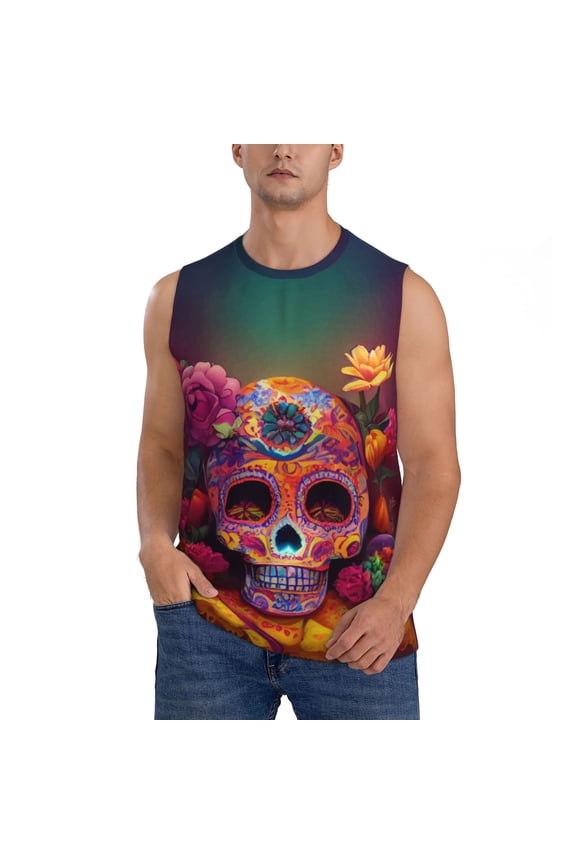 Vintage Patterned Skull Print Men's Tank Top: Sleek Sleeveless Tee for Casual Sports and Beach Occasions-Medium