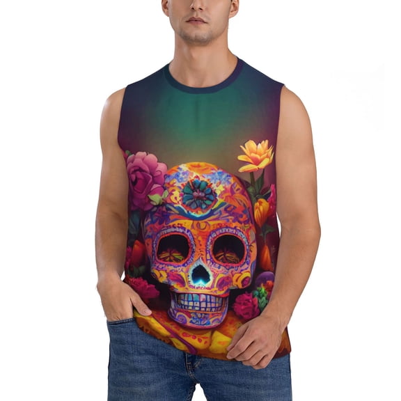Xecao Vintage Patterned Skull Print Men's Tank Top: Sleek Sleeveless Tee for Casual Sports and Beach Occasions-X-Large
