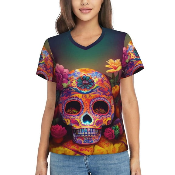 Xecao Vintage Patterned Skull for Women's V-Neck T-Shirts-Elegant Half-Sleeve Tops Perfect for Summer-3X-Large