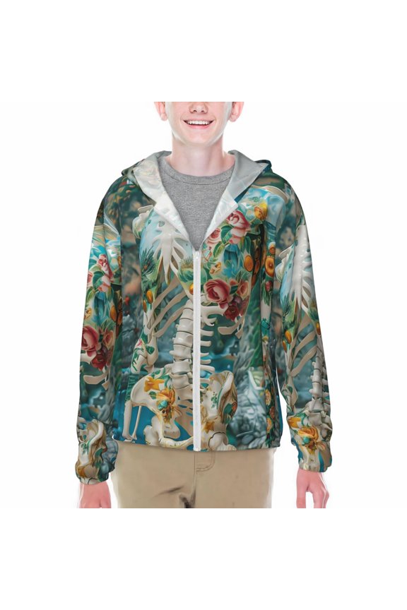 Vintage Print Island Skull Print Fishing Shirts for teenager Long Sleeve UV Sun Protection Hoodie with Zipper Outdoor Hiking Shirts-Large