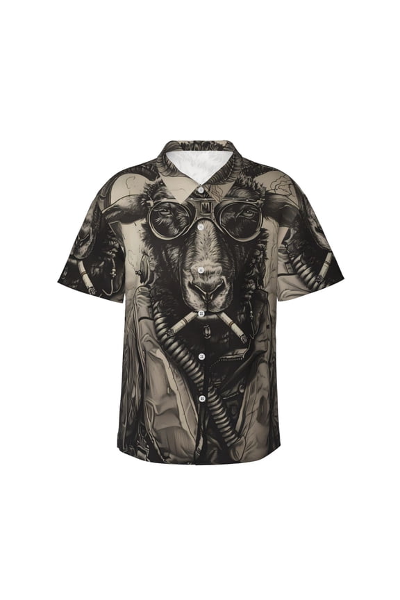 Vintage Ram Pilot Print Hawaiian shirt - A Stylish Short-Sleeve Button-Down for Men, Perfect for Casual Beach and Tropical Outings.,Large