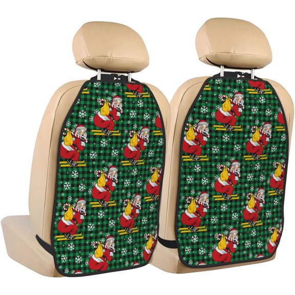 Xecao Vintage Santa Skiing Green Plaid Pattern Car Seat Back Protector 2 Pack Large Capacity Pocket, Kick Mats Back Seat Protector