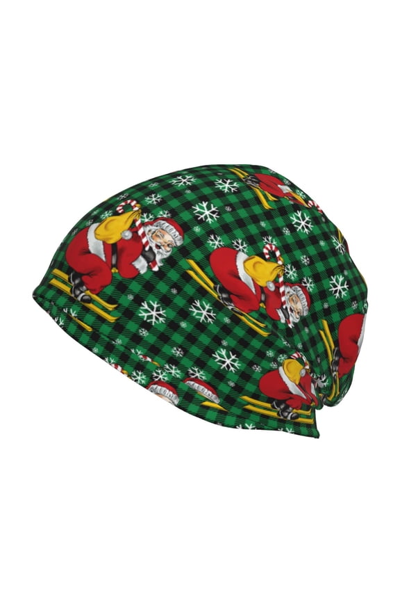 Vintage Santa Skiing Green Plaid Print Knit Hat,Winter Beanie for Men Women, Beanie Soft Warm Ski Stocking Cuffed Cap