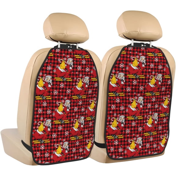 Xecao Vintage Santa Skiing Red Plaid Pattern Car Seat Back Protector 2 Pack Large Capacity Pocket, Kick Mats Back Seat Protector