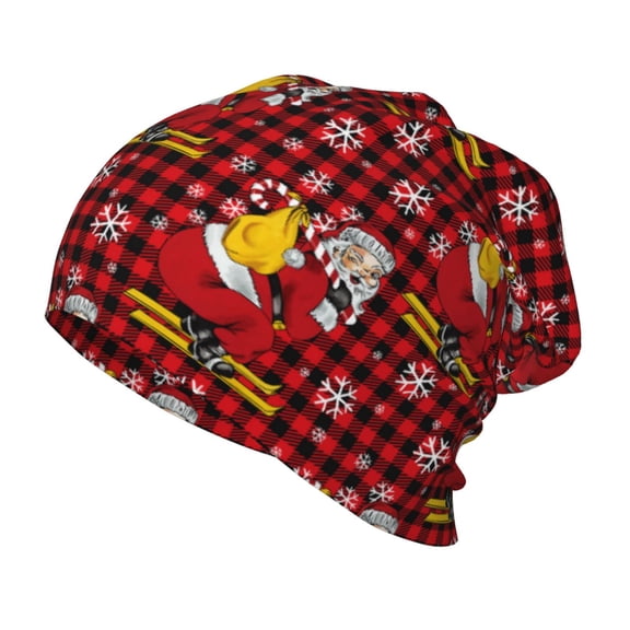 Xecao Vintage Santa Skiing Red Plaid Print Beanie Hat Toddler Girls Boys, Baby Hats Winter Warm Knitted Thermal, Kids Winter Caps