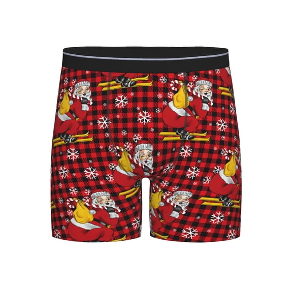 Xecao Vintage Santa Skiing Red Plaid Print Boxer Briefs for Men's Stretch Moisture-Wicking Underwear, Mid-Rise Classics breathable fabric
