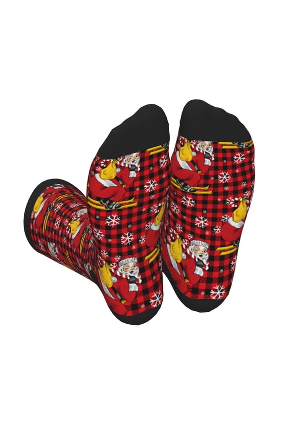 Vintage Santa Skiing Red Plaid Print Crew Socks for Men and Women, Men's Soft Moisture-wicking Sock