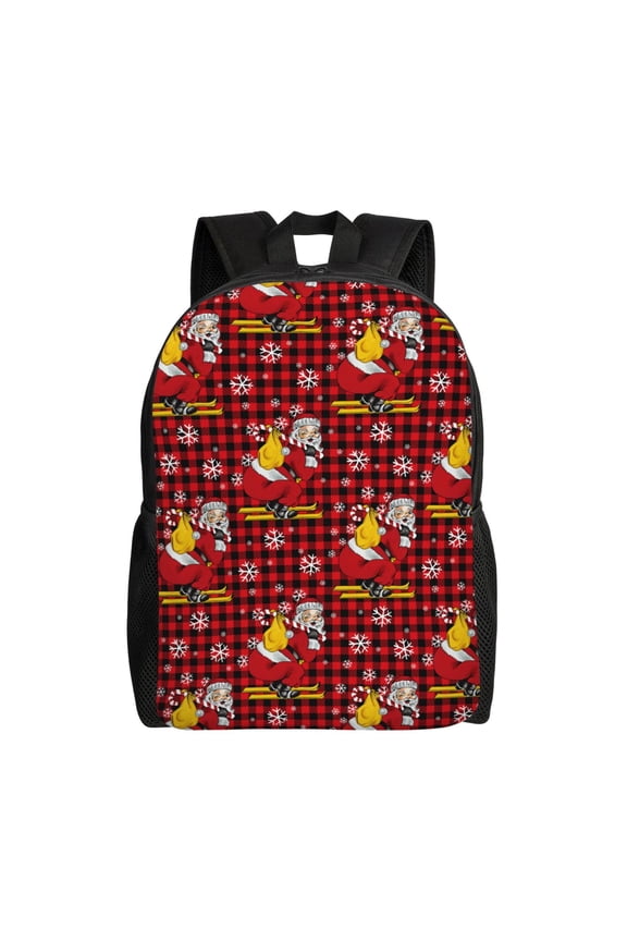 Vintage Santa Skiing Red Plaid Print School Backpack with Laptop Compartment Small Travel Laptop Backpack for Women Men Waterproof College Backpack Simple School Bag