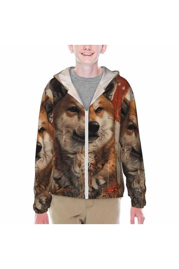 Vintage Shiba Inu Art Print Fishing Shirts for teenager Long Sleeve UV Sun Protection Hoodie with Zipper Outdoor Hiking Shirts-XX-Large