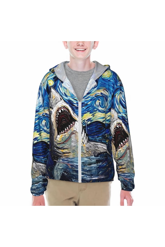 Vintage Starry Sky Shark Print Fishing Shirts for teenager Long Sleeve UV Sun Protection Hoodie with Zipper Outdoor Hiking Shirts-Medium