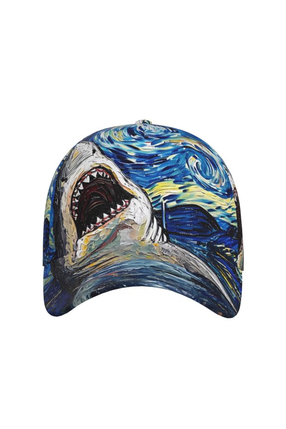Vintage Starry Sky Shark for Baseball Cap: Unisex, crafted from classic polyester twill fabric, featuring a soft unconstructed design