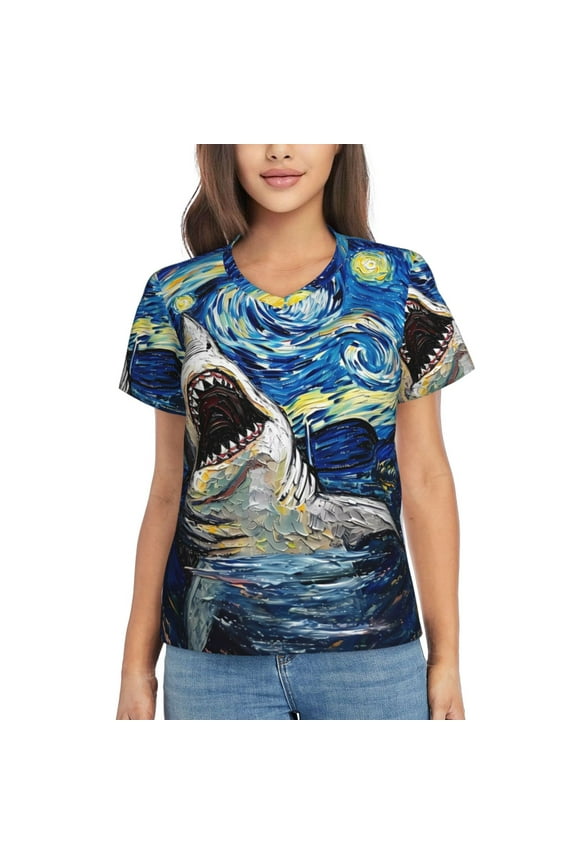 Vintage Starry Sky Shark for Women's V-Neck T-Shirts-Elegant Half-Sleeve Tops Perfect for Summer-XX-Large